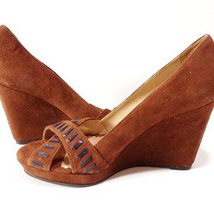 Jack rogers Brown Black Suede Leather WhipStitch Peep Toe Wedge Sandals Sz 6